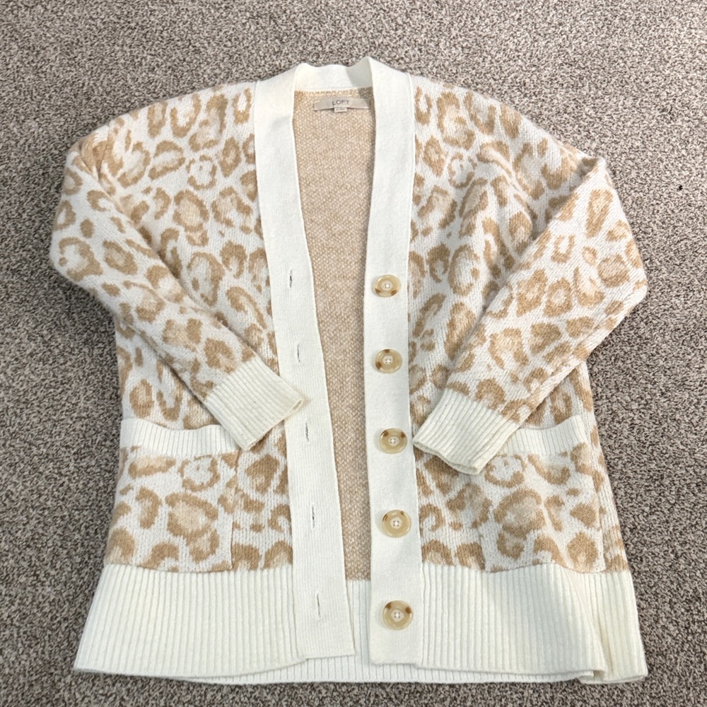 LOFT Cream and Tan Animal Print Cardigan